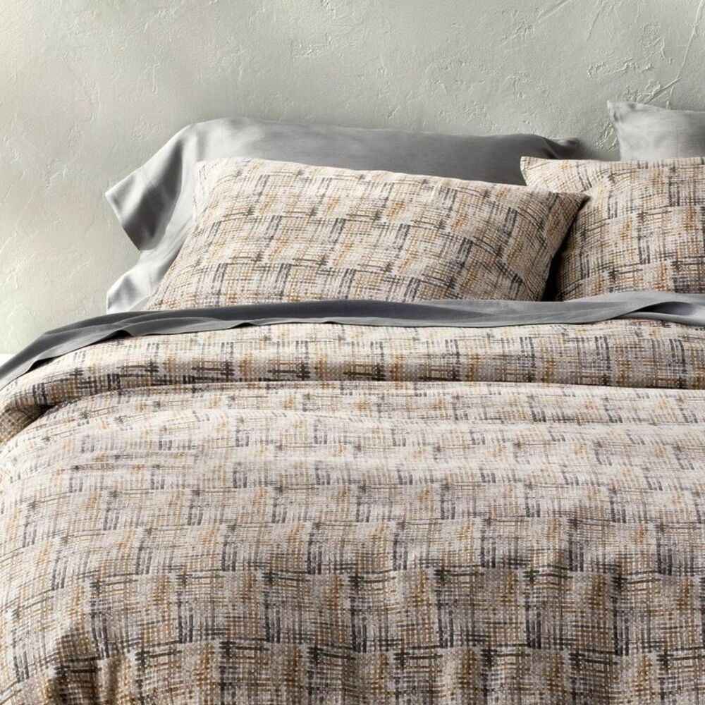 King Heavyweight Linen Blend Duvet Cover and Sham Set Grid Print - Casaluna